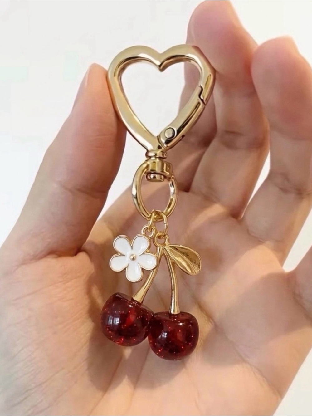 Cherry & Flower Gold Bag Charm With Heart Shaped Clasp - Picture 2 of 7